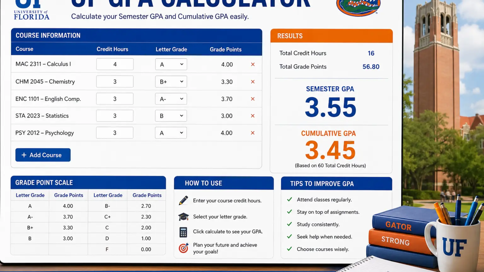 UF GPA Calculator student calculating college grade point average
