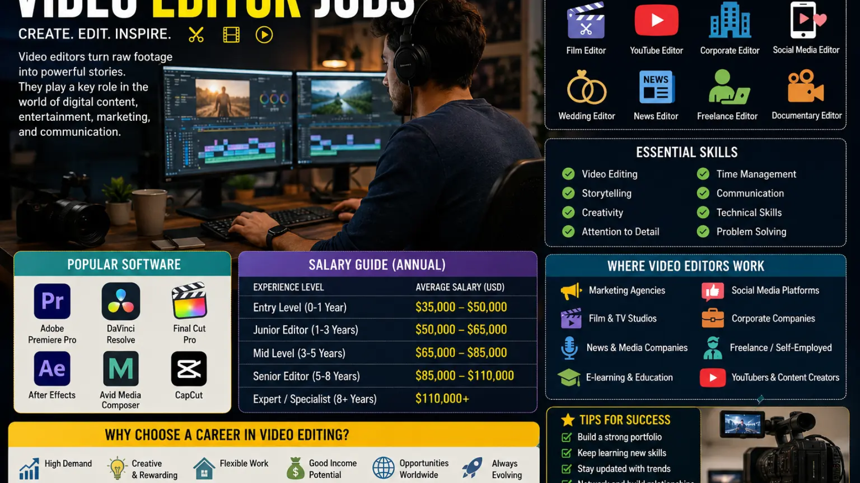 Video editor jobs infographic with career guide
