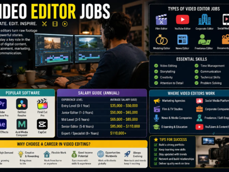 Video editor jobs infographic with career guide