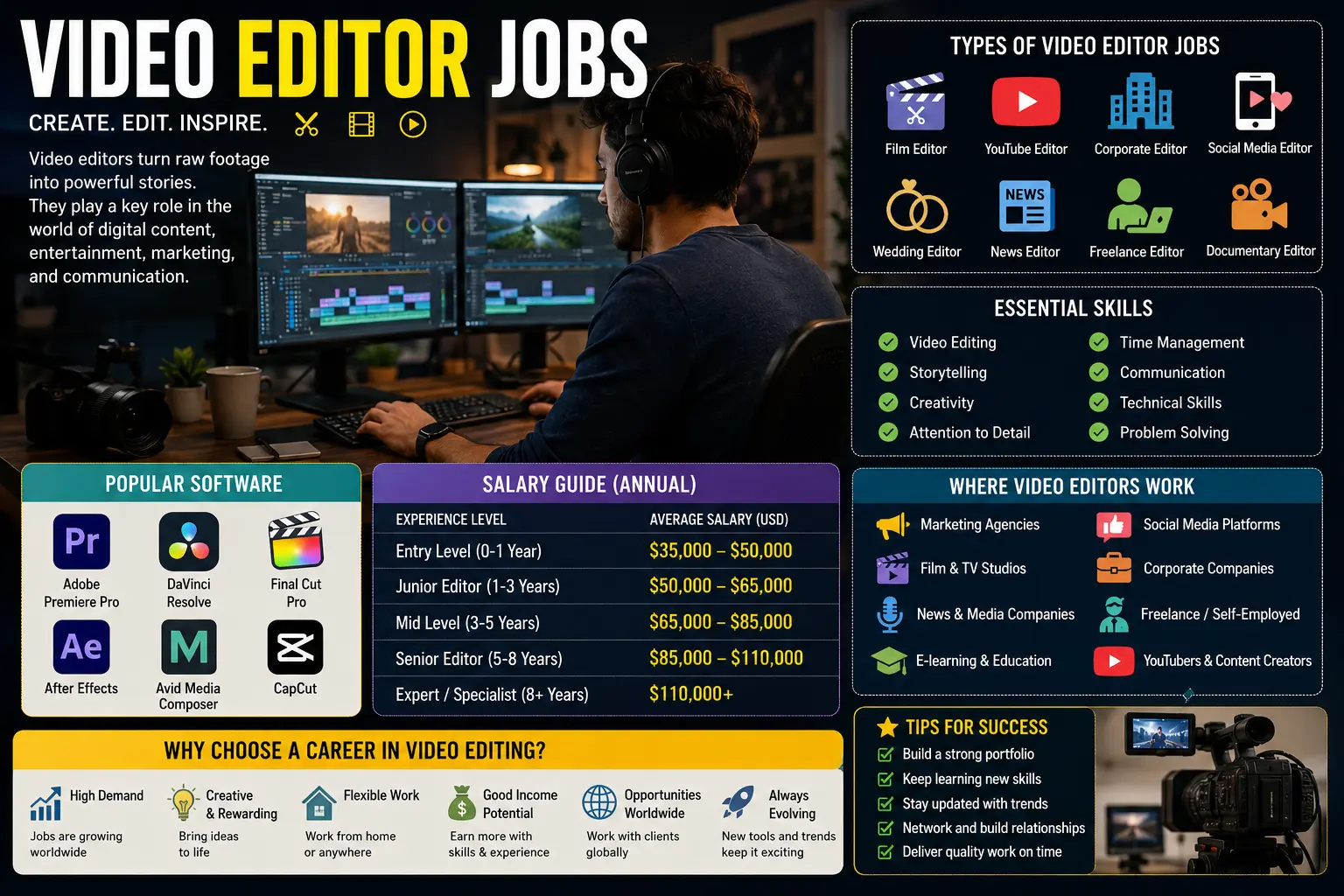 Video editor jobs infographic with career guide