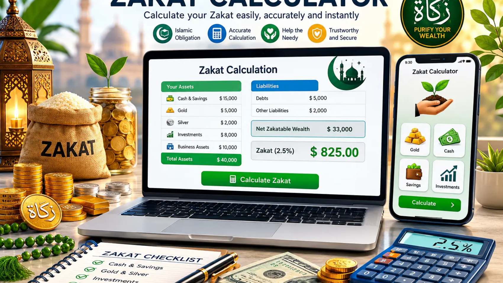 Zakat calculator showing cash, gold, silver, and savings calculation.